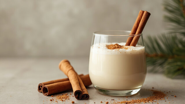 A traditional Coquito drink served in a clear glass, garnished with a cinnamon stick and a sprinkle of nutmeg. A classic Puerto Rican holiday beverage, rich with coconut and spices.