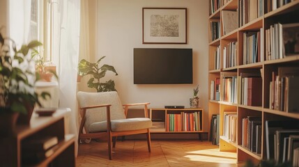 A cozy, minimalist living room with a narrow layout, featuring a single armchair, a small bookshelf, and a wall-mounted TV.