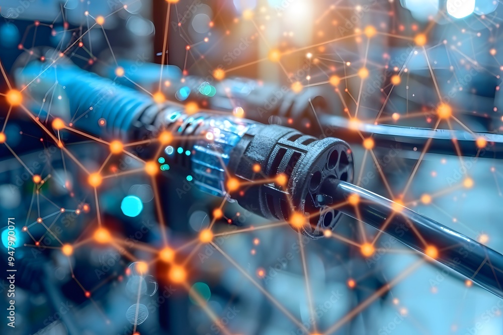 Poster high-tech connection: a close-up of advanced equipment with digital network overlay