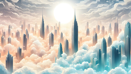 Cloudscape and modern city background. Sun through clouds in sky. Morning cloudy sky panorama. Generative AI