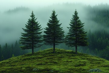 Fototapeta premium Three trees are standing on a hillside in a foggy forest