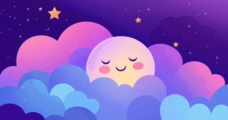 An adorable illustration of a smiling moon sleeping among stars and clouds in a dreamy night sky, creating a serene and soothing atmosphere.