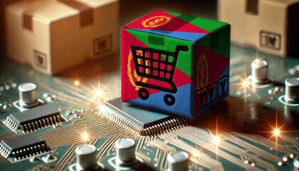 A cube with an Eritrea flag and shopping cart icon on a circuit board symbolizes the intersection of e-commerce and technology, highlighting the digital marketplace.