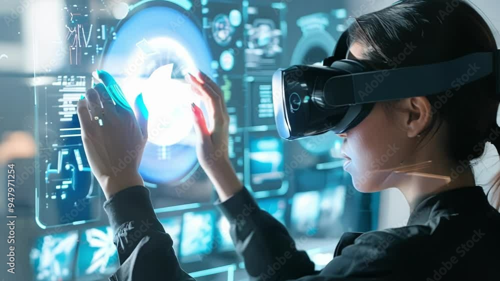 Poster software developer wearing a vr headset is working with virtual reality software, interacting with a