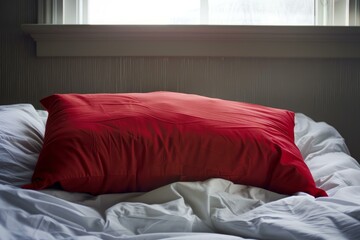 Rumpled red pillow lays on an unmade bed with white sheets in the morning light