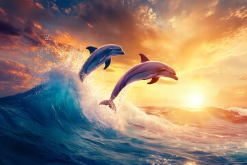 Fototapeta premium Dolphins Leap Through Waves at Sunset, Golden Hour Beauty in Ocean
