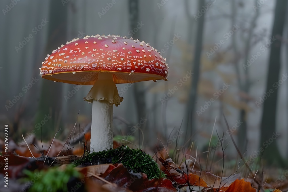 Poster enchanting red mushroom in a misty forest setting
