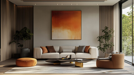 Modern luxury minimal interior of open space with design modular beige sofa, furniture, brass glass coffee tables, pillows, plant, wooden detailed walls and abstract orange painting. Ai generated.