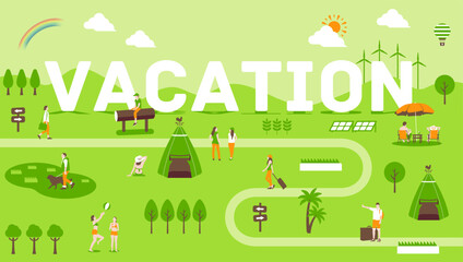 Horizontal banner illustration with outdoor and vacation motifs