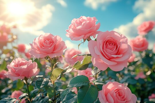 A field of pink roses with a blue sky in the background