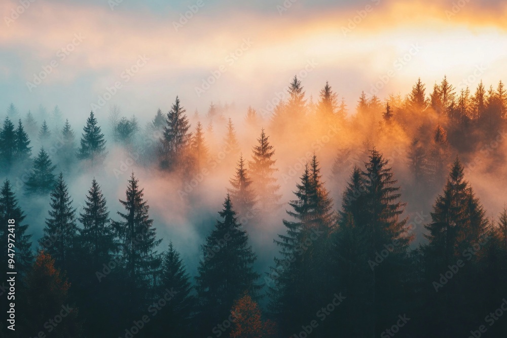 Canvas Prints Misty forest sunrise with trees