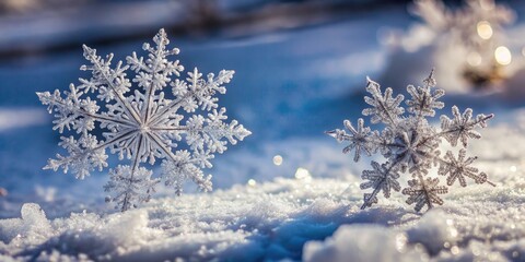 Delicate snowflakes resting on a winter surface.