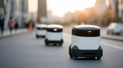 A fleet of autonomous delivery robots navigating a city street at sunset, showcasing the future of urban delivery and transportation technology.