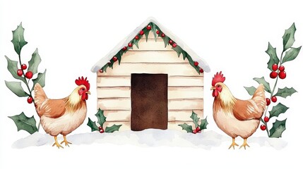 Charming watercolor illustration of two hens beside a rustic chicken coop adorned with festive holly and berries.