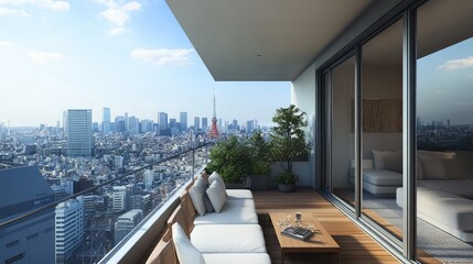 Fototapeta premium Tokyo apartment balcony with minimalist outdoor furniture, offering a view of the city skyline.