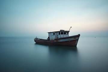 a lonely boat in the ocean, a minimalistic photo made with a long exposure