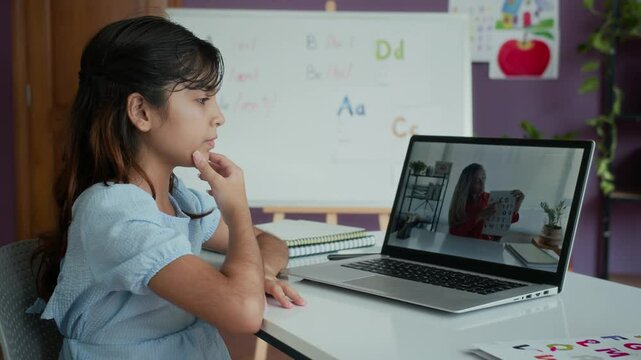 Side view of Indian teenage girl repeating sounds pronunciation after female tutor during online class via laptop at desk