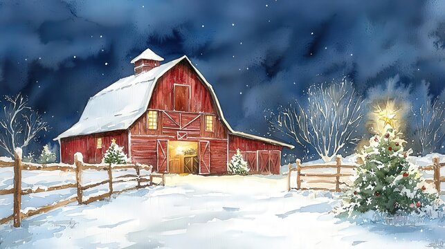 A charming red barn in a peaceful snowy landscape, illuminated by soft lights, creating a serene winter atmosphere.