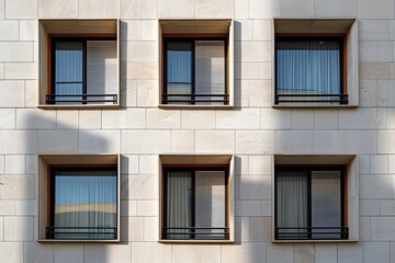 Fototapeta premium Modern Architectural Design Featuring Symmetrical Windows on a Stone Facade