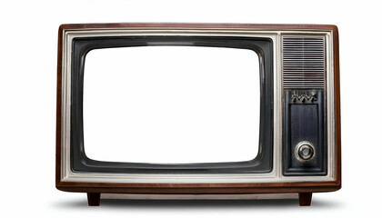 Vintage old television set with brown wooden cabinet and black screen, isolated on white background.