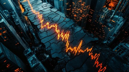 Cracked city streets with stock market chart symbolizing financial collapse