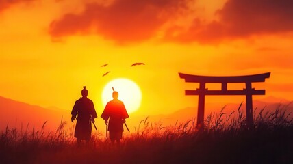 Fototapeta premium Ancient samurai training grounds at sunrise, historical anime background, warrior's haven