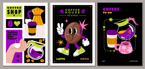 Retro coffee posters in groovy psychedelic acid style. Retro coffee bean character, cup, coffee pot, kettle, paper cup. Perfect for coffee shop adds design.