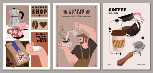 Coffee posters. Kettles, , barista character, arabica coffee, cup, espresso, cappuccino, beans. Doodle minimalist flat clip art. Perfect for coffee shop adds design.