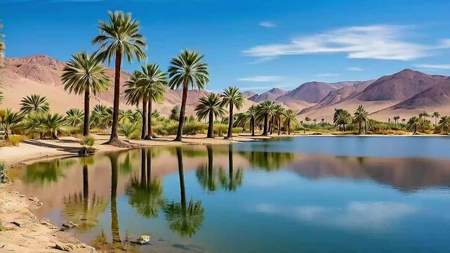 palm trees  and  a lake  in the desert
