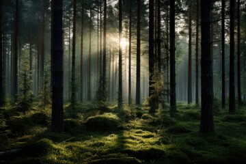 Obraz premium Sunlit forest with dense trees
