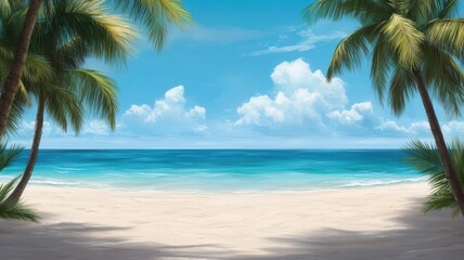 Crystal-clear beach with turquoise waters and white sand, tropical anime background, island getaway