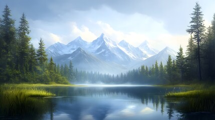 A calm lake reflecting towering mountains and lush trees, rendered in oil painting style, with intricate hand brushstrokes capturing every detail of the serene landscape.