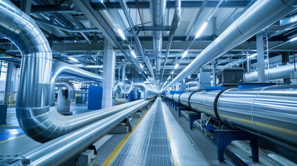 Naklejka premium Industrial air purification system in a high-volume production line, emphasizing its efficiency.