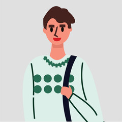 Vector illustration of handsome young man with one hand holding the strap of the bag