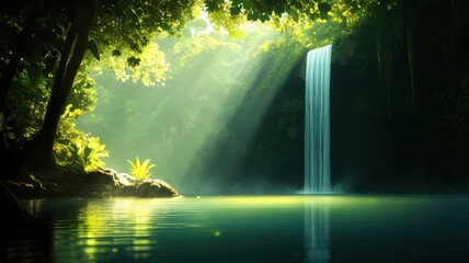 Obraz premium Majestic waterfall cascading into a serene lake, natural anime background, tranquil paradise