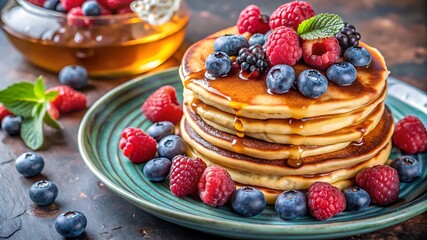 Homemade American Pancakes With Fresh Blueberry