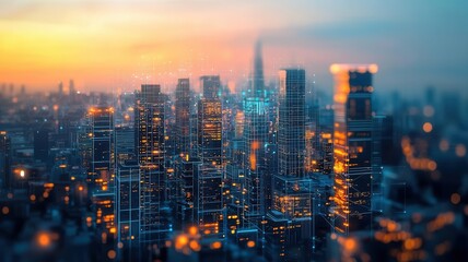 Obraz premium Property market expansion, augmented reality growth graph, symbolic success, modern skyline