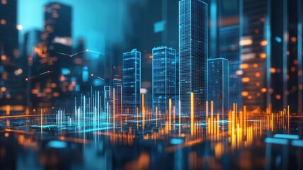 Obraz premium Real estate business success, holographic charts, symbolic increase, futuristic office