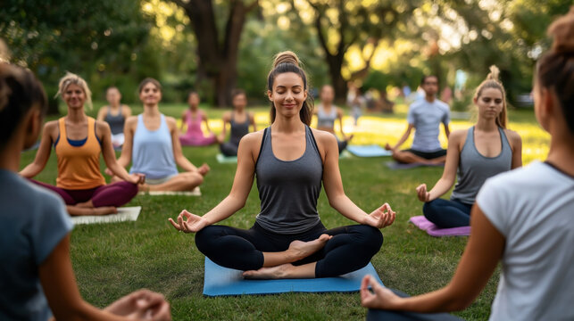 A group of people participating in an outdoor yoga session on a grassy lawn, with several individuals in seated meditation poses.
