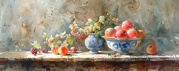 A serene watercolor still life of a wooden table with a fruit bowl, every texture and shade portrayed with masterful realism, evoking classic art