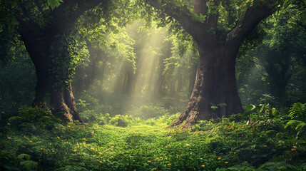 Obraz premium Serene forest glade illuminated by soft sunlight filtering through lush foliage in the heart of a vibrant green woodland