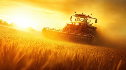 Fototapeta premium Realistic photograph of a large tractor harvesting wheat at sunset, with dusty golden fields and warm light highlighting the machinery. Harvesting