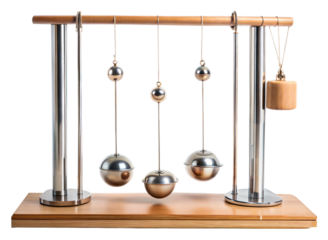 Newton's cradle demo at science exhibit on transparent background