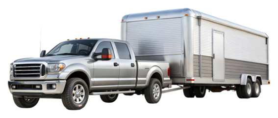 Silver truck towing a large trailer on transparent background