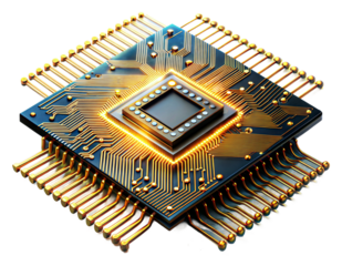 Microchip with complex circuitry designs on transparent background