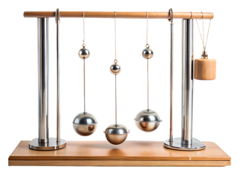 Newton's cradle demo at science exhibit on transparent background