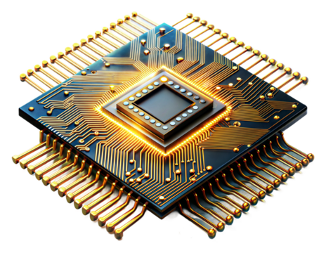Microchip with complex circuitry designs on transparent background