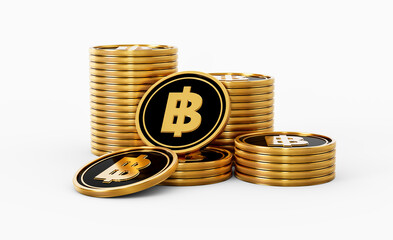 Sleek Golden And Black Thailand Baht Coins Rounded Coins Stack On White Background 3d Illustration