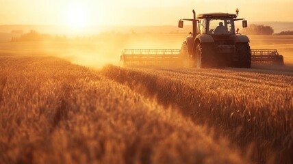 Fototapeta premium Golden light and long shadows in a wheat field, as a tractor harvests the crop, captured in a detailed and realistic photograph. Harvesting