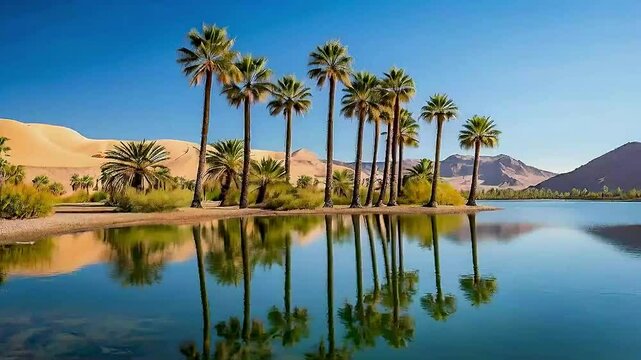 palm trees  and  a lake  in the desert